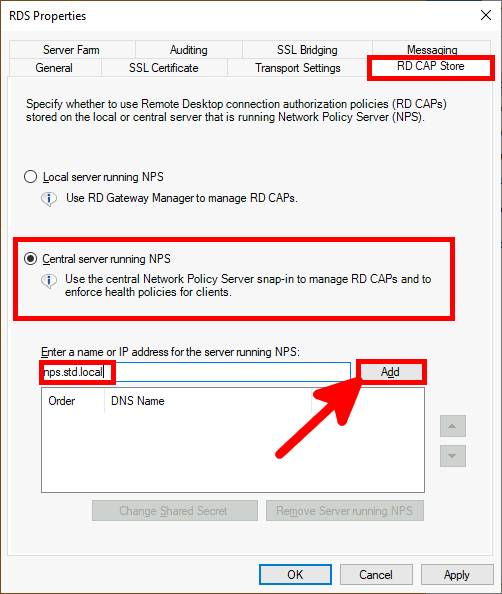 Windows | RD Gateway Manager, RDS properties, RD CAP Store