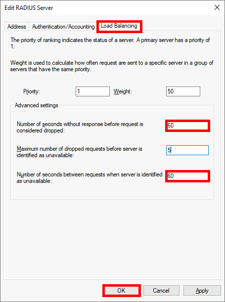 Edit RADIUS Server, load balancing tab