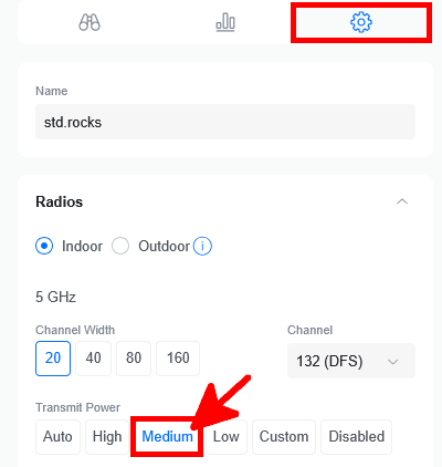 UniFi access point transmit power set to medium in WiFi radio settings