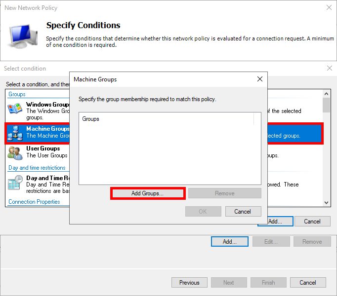 Screenshot of the New Network Policy configuration window in Windows Network Policy Server (NPS). The 'Machine Groups' condition is selected, and the 'Add Groups...' button is highlighted, allowing the administrator to specify a machine group for network policy enforcement.