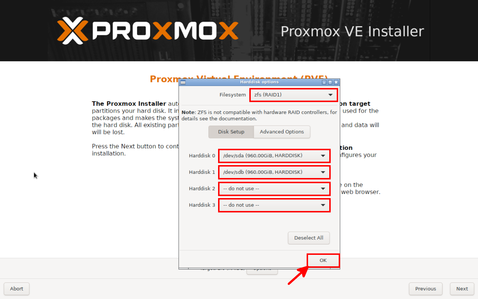 Proxmox VE 9 installer configuring a ZFS RAID1 mirror for the system disks