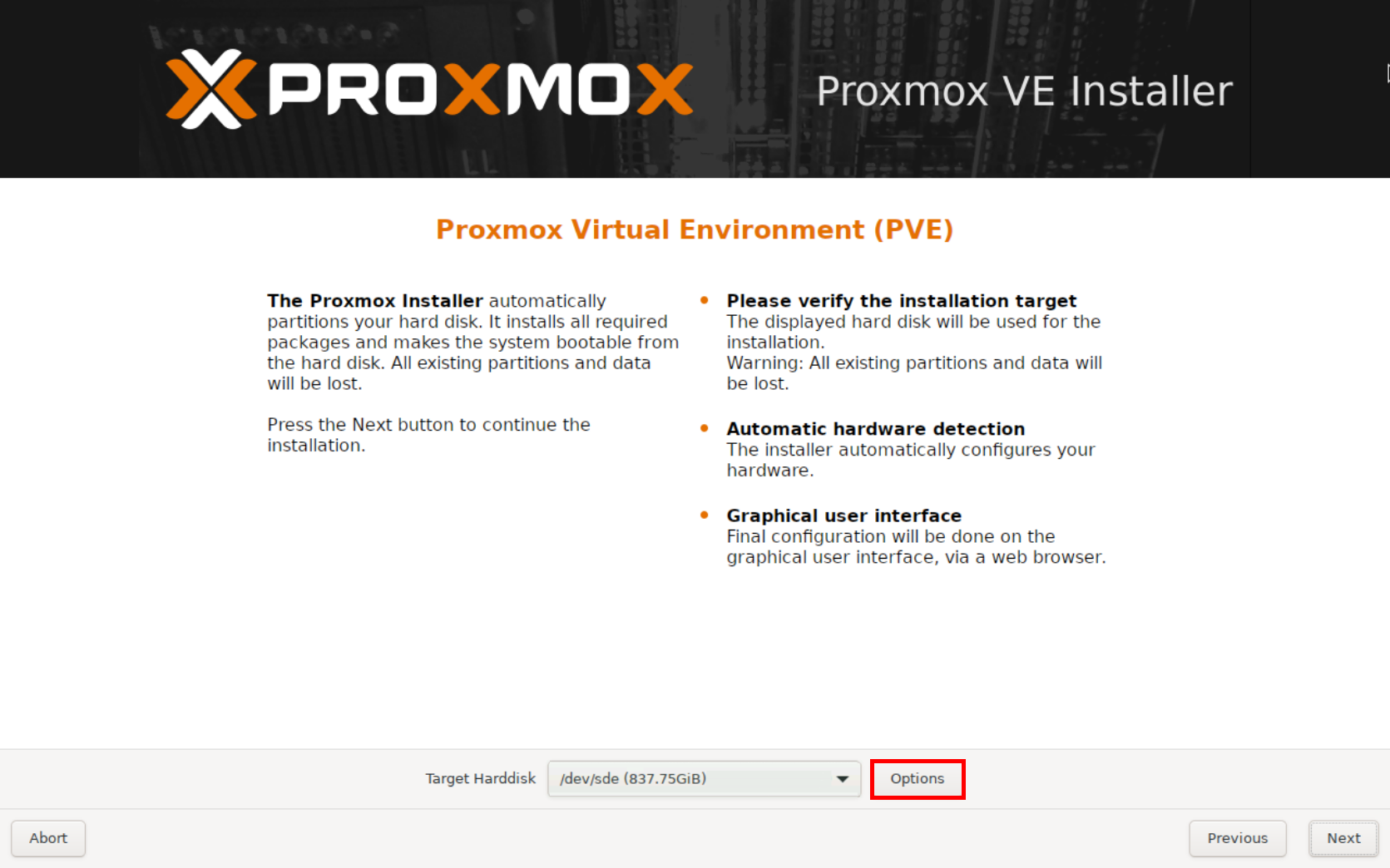 Proxmox VE 9 installer target disk selection screen
