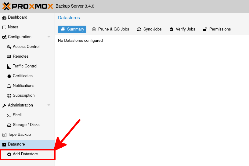 Add Datastore button highlighted in PBS interface