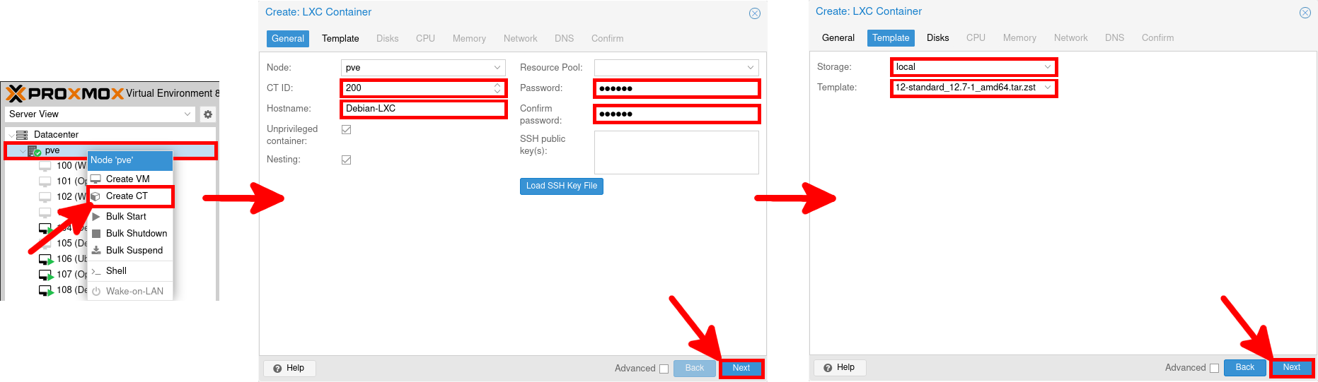 Proxmox VE interface showing the process of creating an LXC container using a Debian 12 template. The steps include selecting 'Create CT', assigning an ID and hostname, setting a password, and choosing the storage and template file.