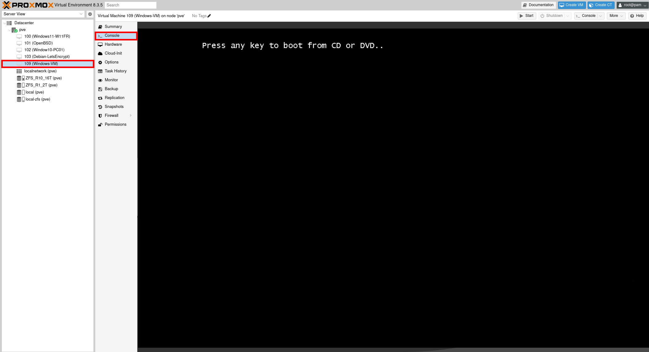 Proxmox VE interface displaying the boot sequence of a newly created Windows VM (ID 109). The console shows the message 'Press any key to boot from CD or DVD' prompting the user to start the installation.