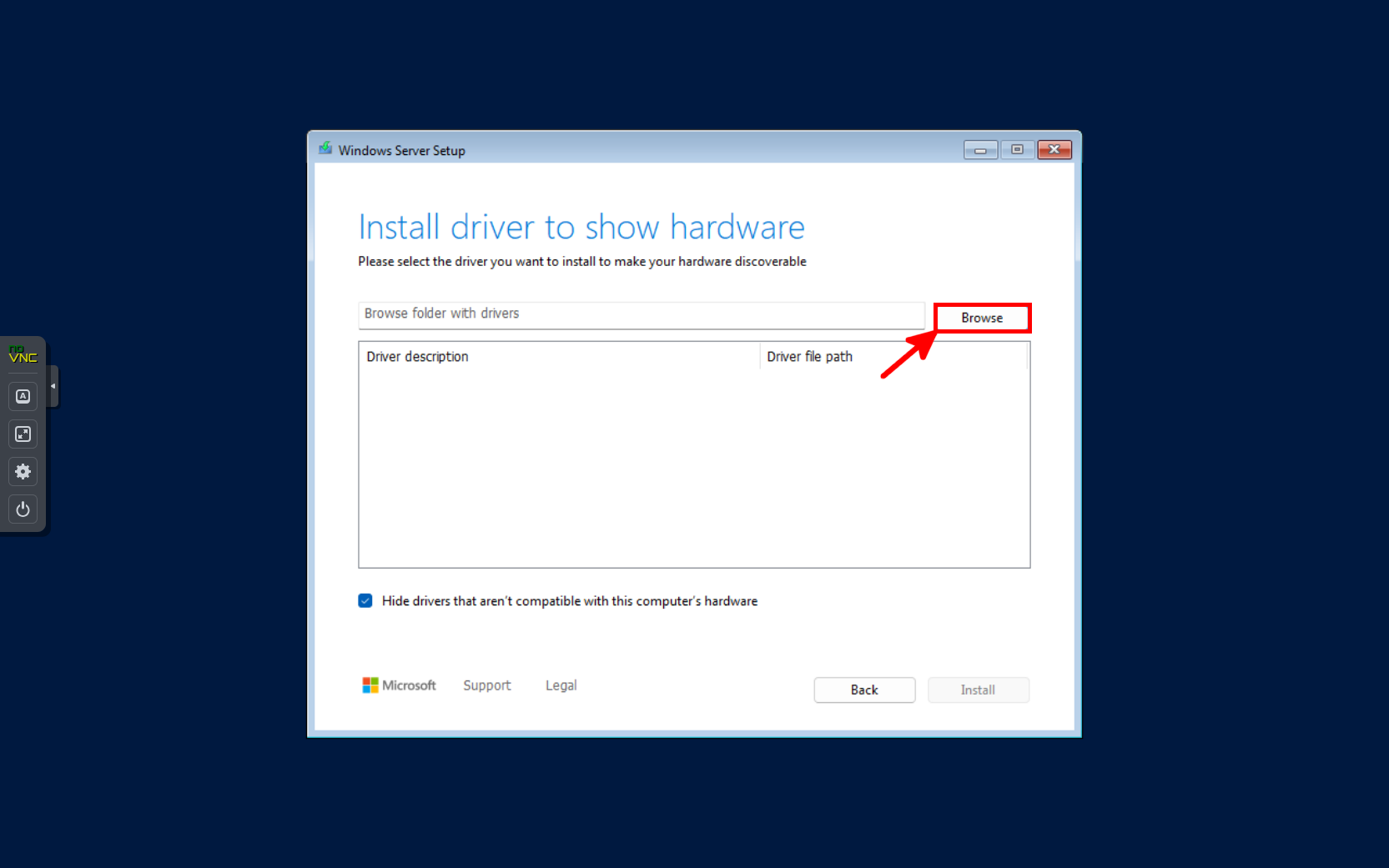 Windows Server installation screen in a Proxmox VM prompting the user to install a driver for hardware detection. The 'Browse' button is highlighted, allowing the selection of the VirtIO driver folder.