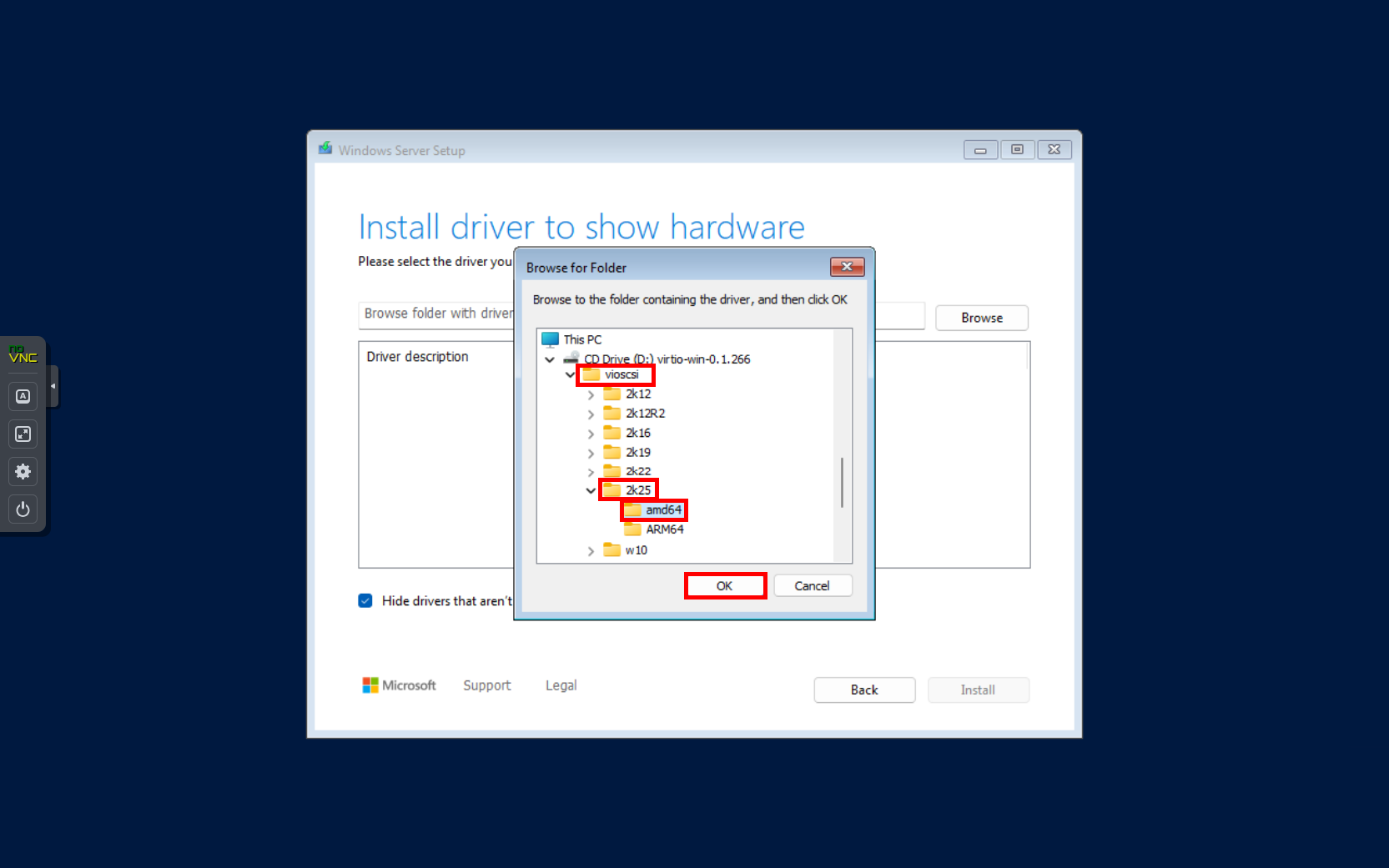 Windows Server installation screen in a Proxmox VM prompting the user to browse for VirtIO storage drivers. The folder path 'viostor > 2k25 > amd64' is selected before clicking 'OK' to load the necessary drivers.