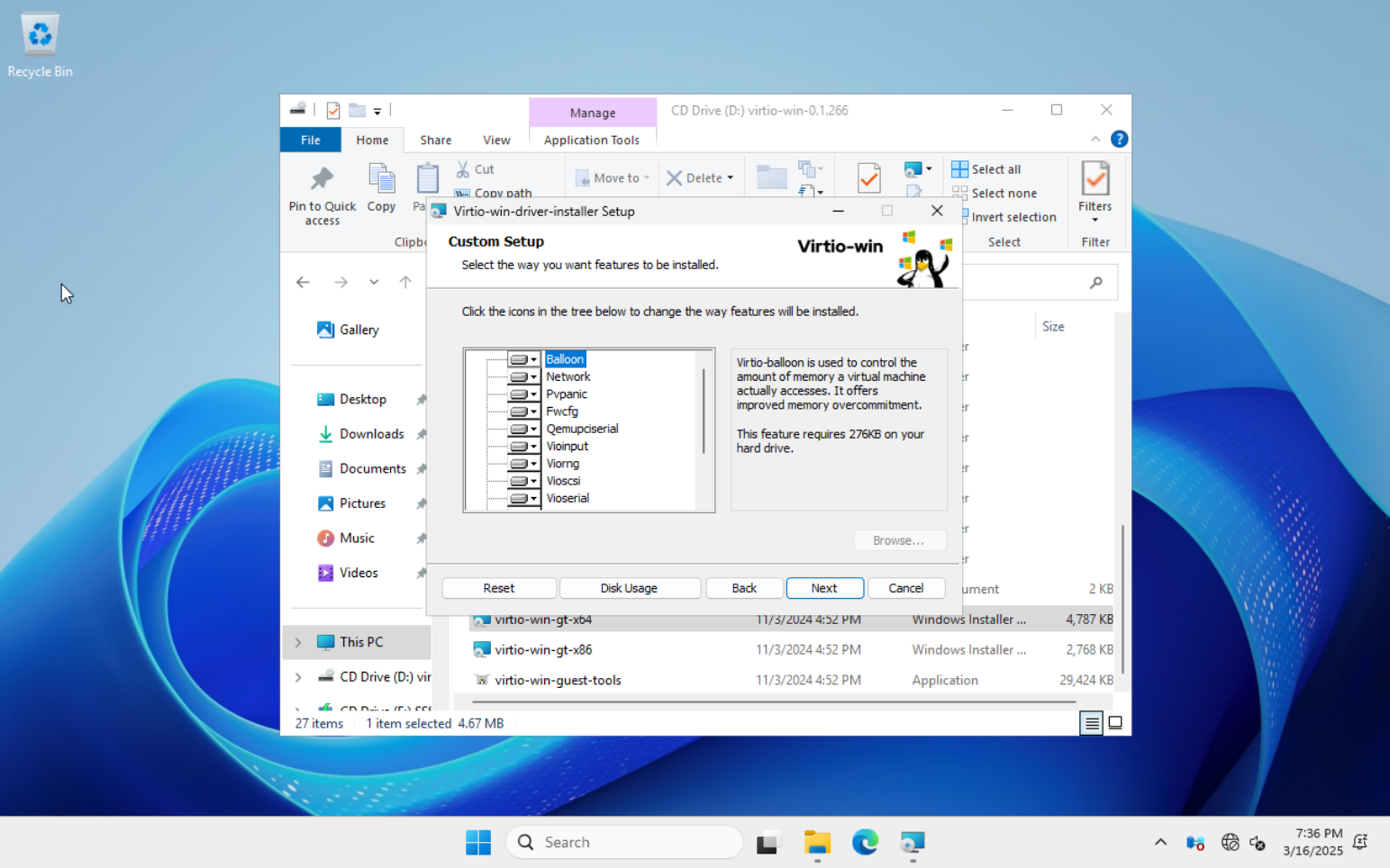 Windows 11 running in a Proxmox VM, displaying the VirtIO driver installer setup window. The installation options include drivers for memory ballooning, network, storage, and other virtualization components.