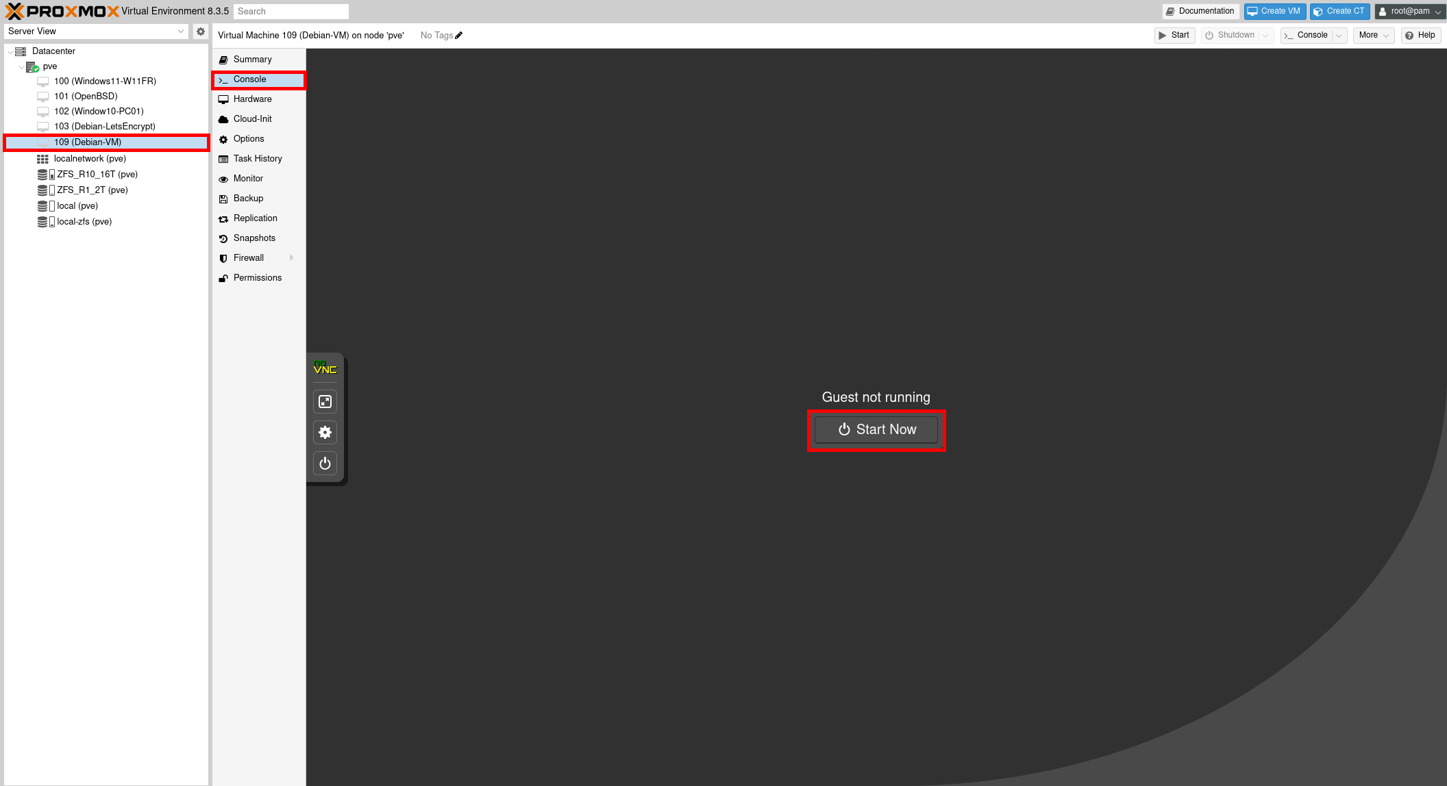 Proxmox VE interface displaying the newly created Debian VM (ID 109) in the console view. The VM is not running, and the 'Start Now' button is highlighted to power it on.