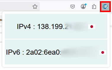 Firefox browser toolbar showing the STIP extension popup with public IPv4 and IPv6 addresses detected through Mozilla VPN