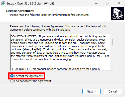 OpenSSL Light installer displaying the license agreement with the I accept the agreement option selected