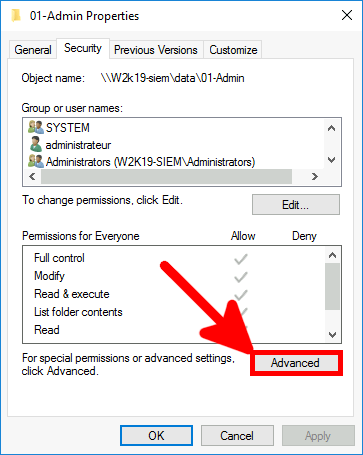 security tab of a folder properties