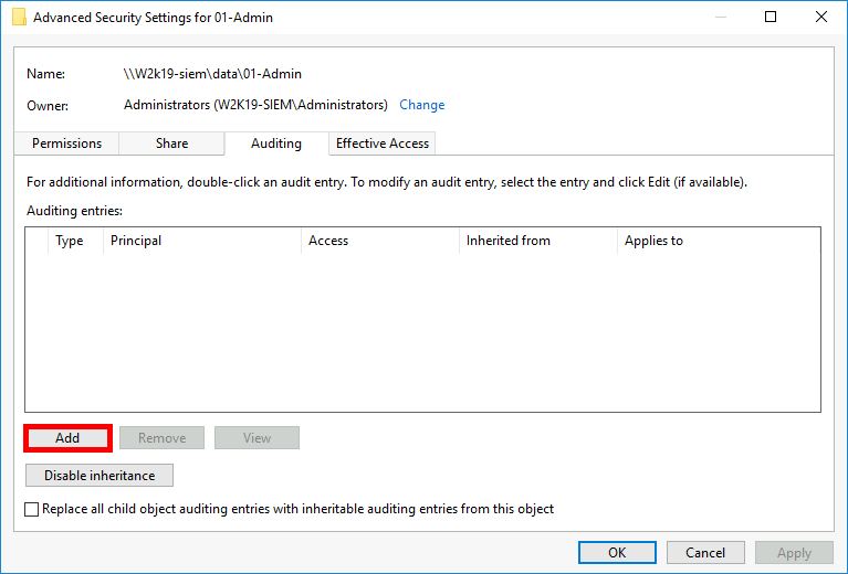 Advanced security settings window