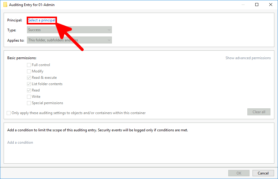 Auditing entry window with the select a principal link