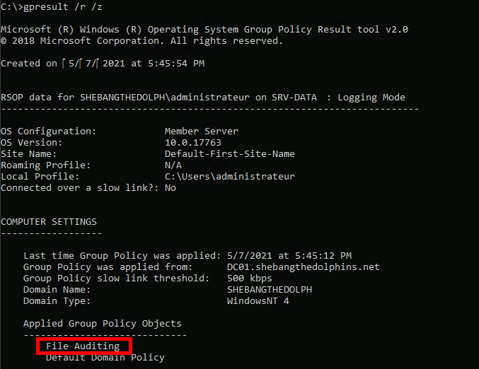 a windows console with the result of a gpresult command