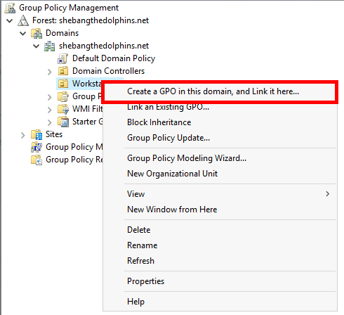 Creating a new Group Policy Object in the console