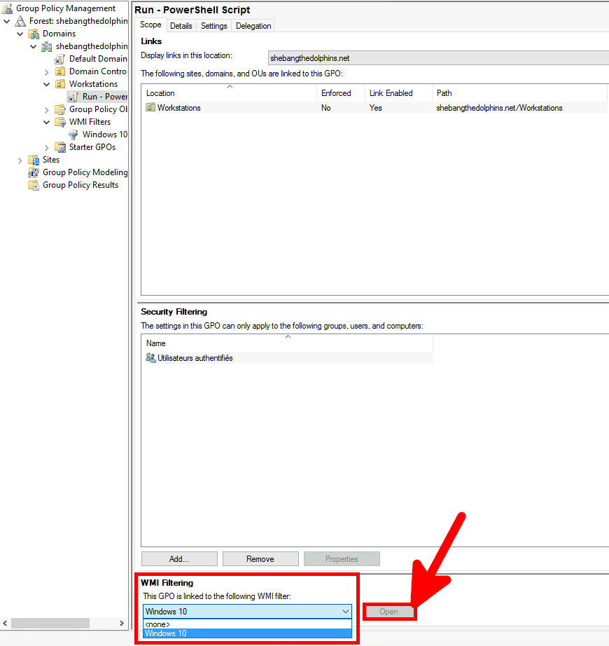 Applying a WMI filter to a GPO in Group Policy Management Console, showing selection of the Windows 10 filter in the WMI Filtering section