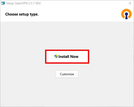 OpenVPN installation windows where we have the choice between install now or customize installation