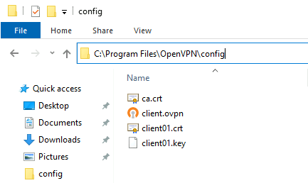 Client files File Explorer showing the OpenVPN config folder with certificate and key files